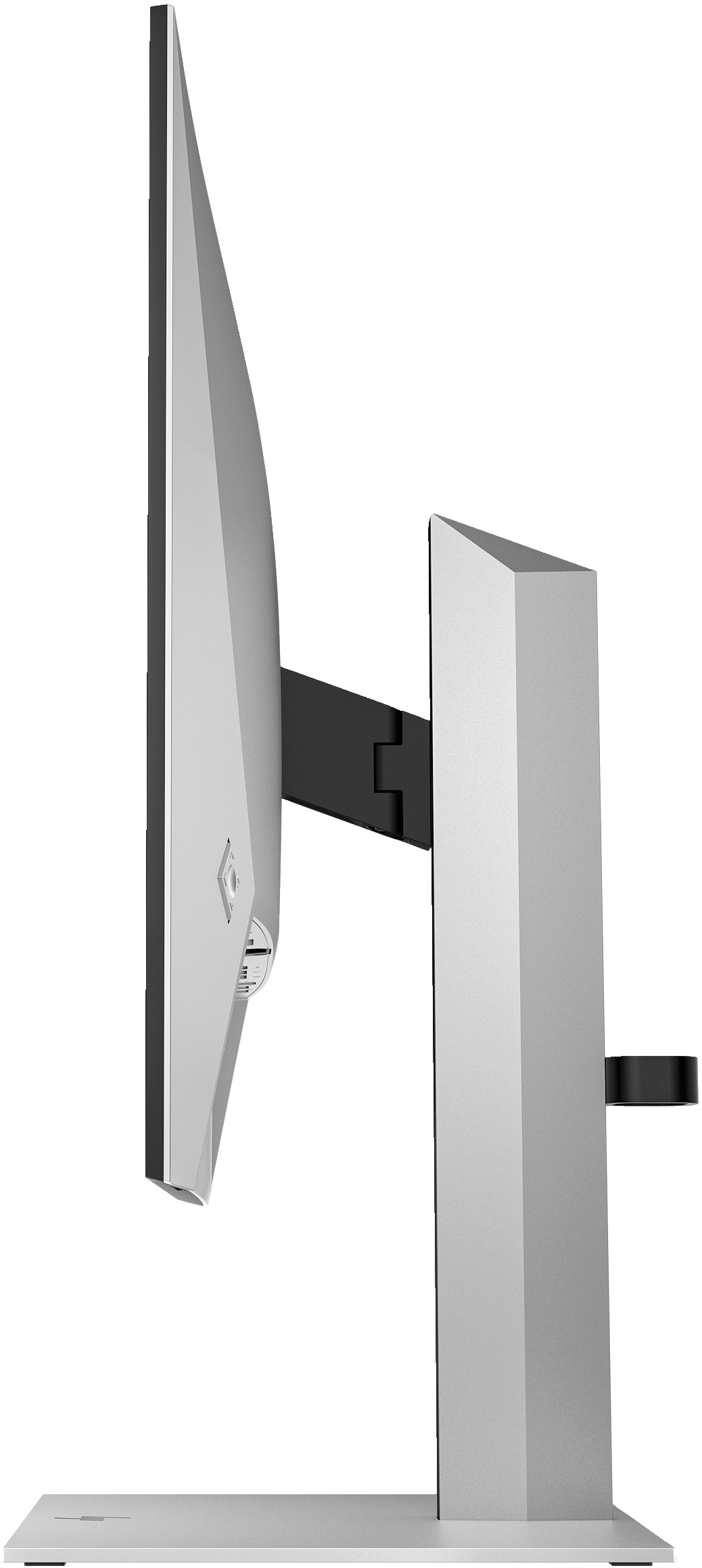 Seitenansicht eines silbernen Computermonitors. Es hat ein schwarzes Scharnier und einen Ständer. Der Bildschirm ist aus.