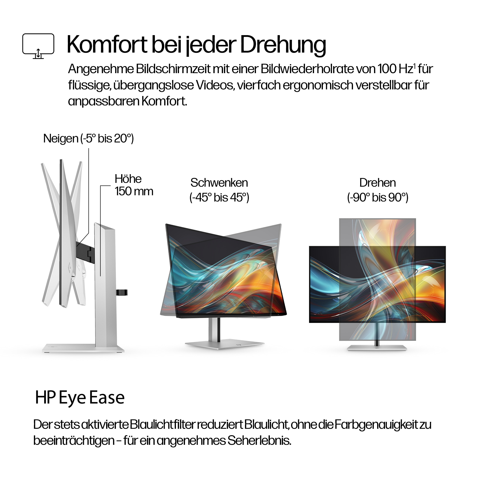 Diagramm eines Monitors mit einstellbaren Funktionen: Neigen, Höhe, Schwenken und Drehen. Text hebt die ergonomische Verstellbarkeit hervor.