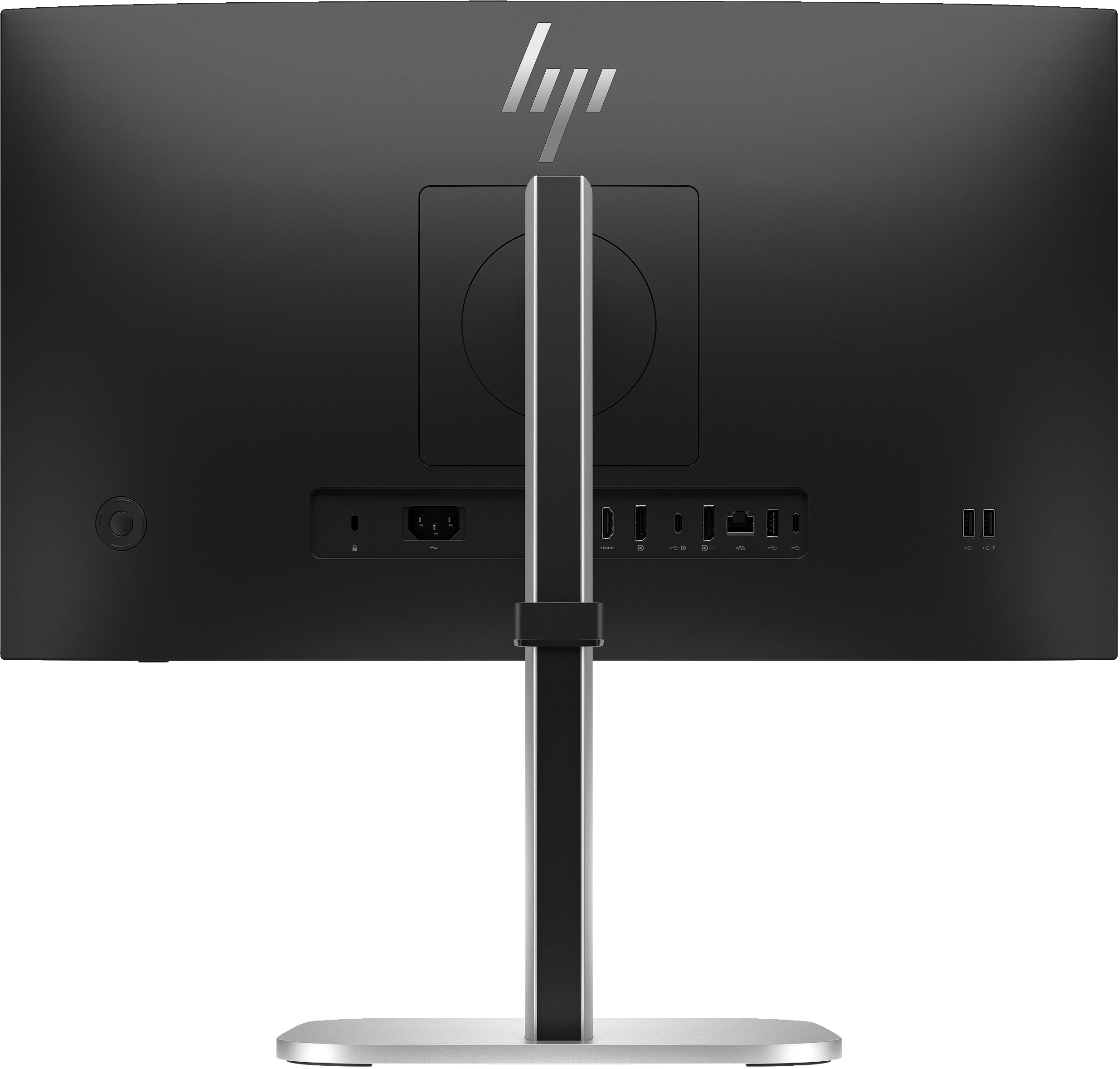 Rückseite eines schwarzen Computermonitors. Er hat einen silbernen Ständer und verschiedene Anschlüsse.