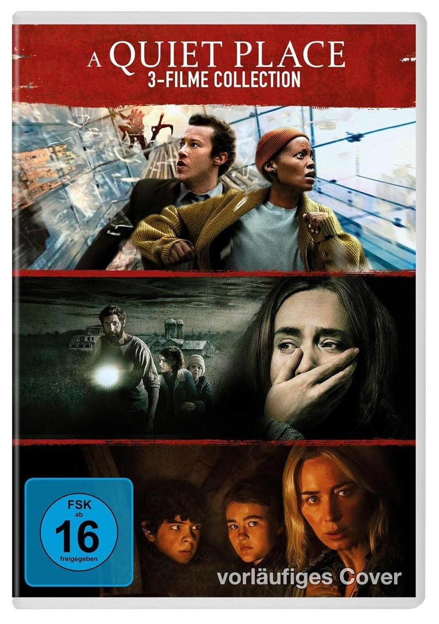 Cover für die DVD-Sammlung 'A Quiet Place'. Zeigt Schauspieler, die ängstlich nach oben blicken. Enthält ein Bewertungsschild und den Titel.