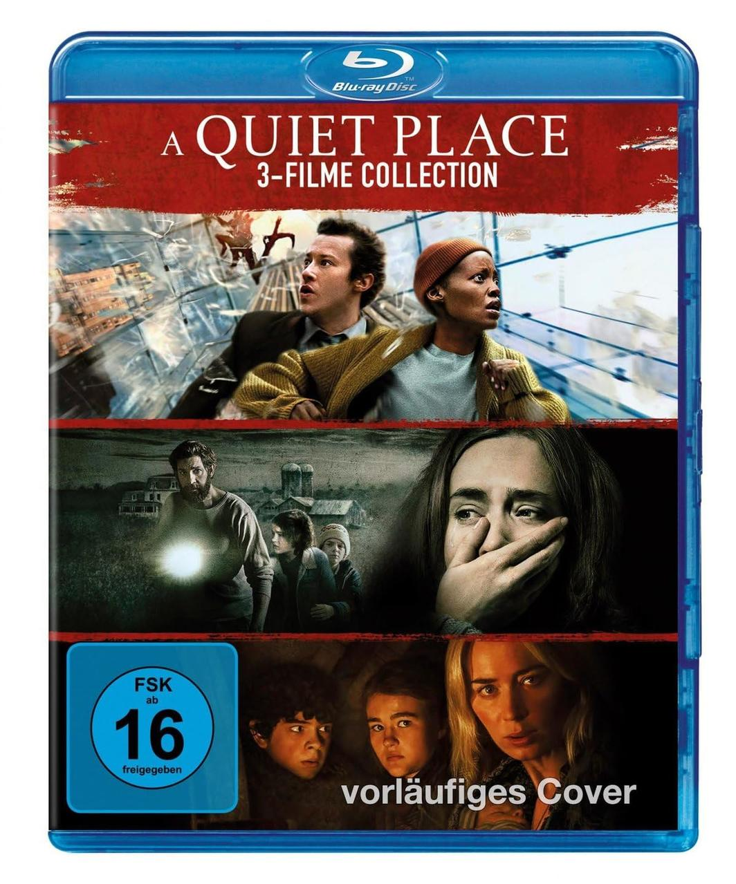 Blu-ray-Disc-Cover für "A Quiet Place" Filmsammlung. Zeigt Schauspieler, ein Bewertungsschild und den Titel.