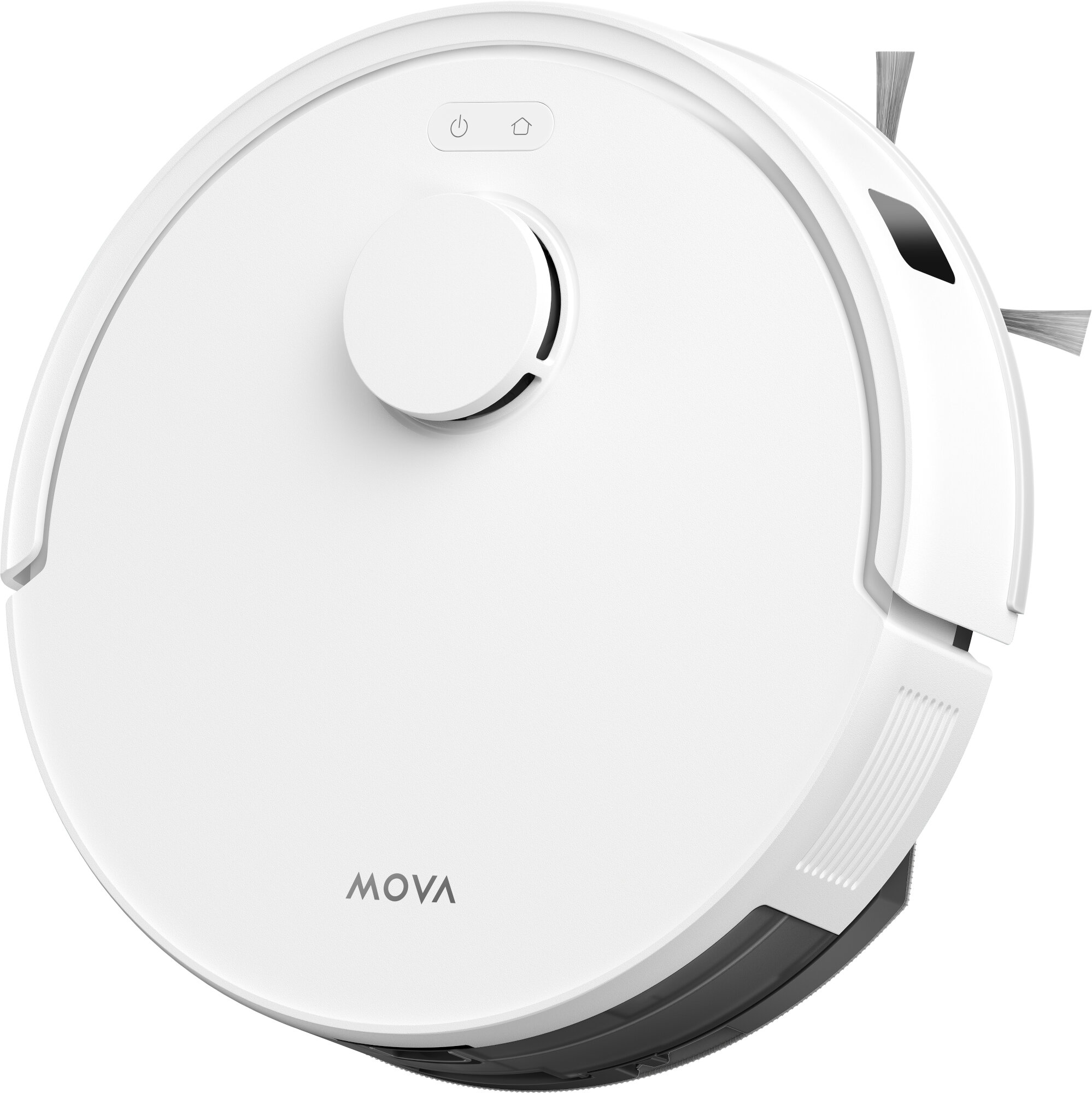 Biały odkurzacz robot MOVA z centralnym przyciskiem, szczotką boczną i logo.