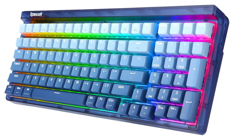 Klawiatura mechaniczna Redragon z podświetlanymi klawiszami. Klawisze mają niebiesko-białe gradienty. Obudowa jest przezroczysta niebieska.