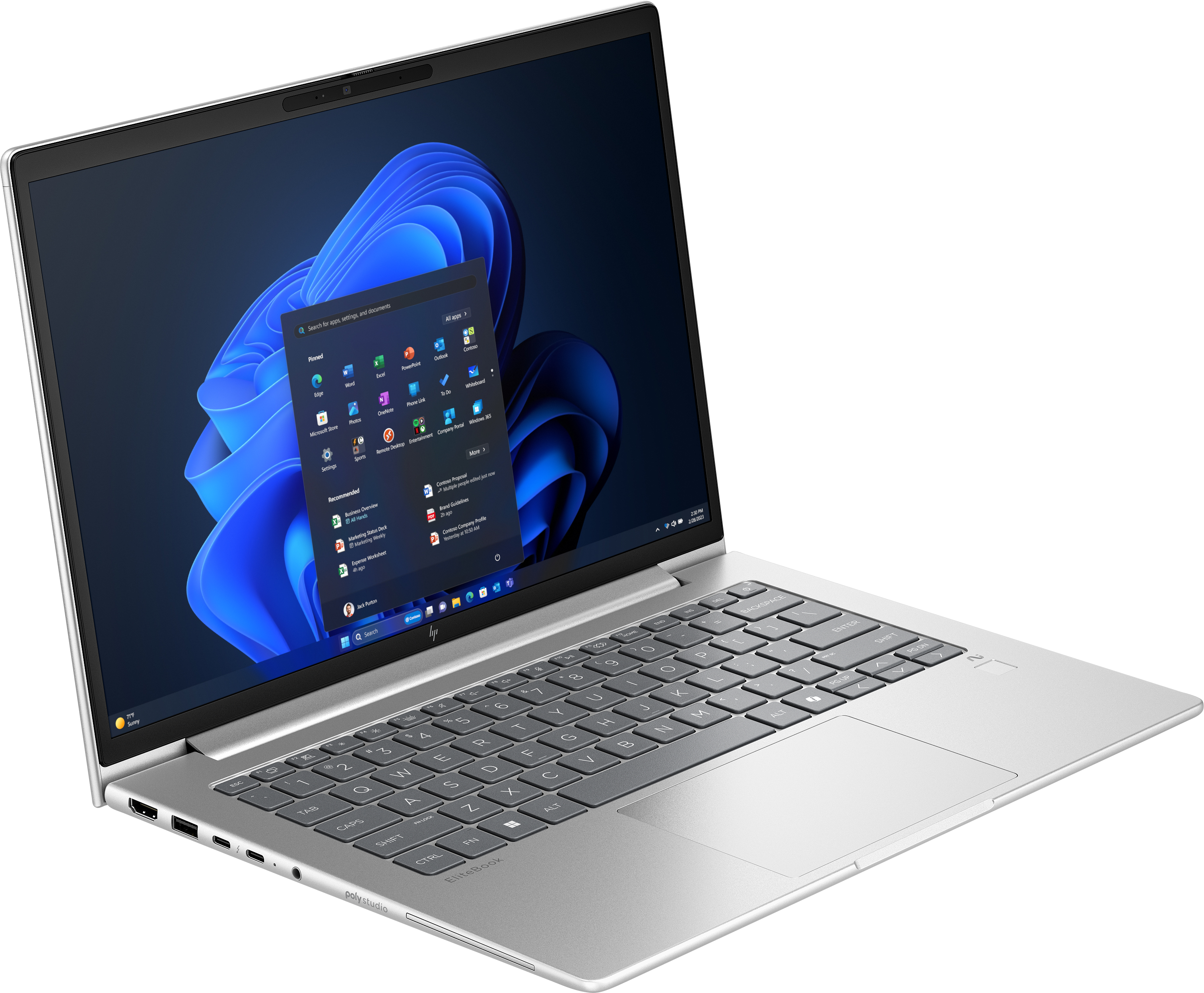 Silberner Laptop mit Windows 11-Oberfläche, Tastatur und Touchpad. Schwarzer Hintergrund.