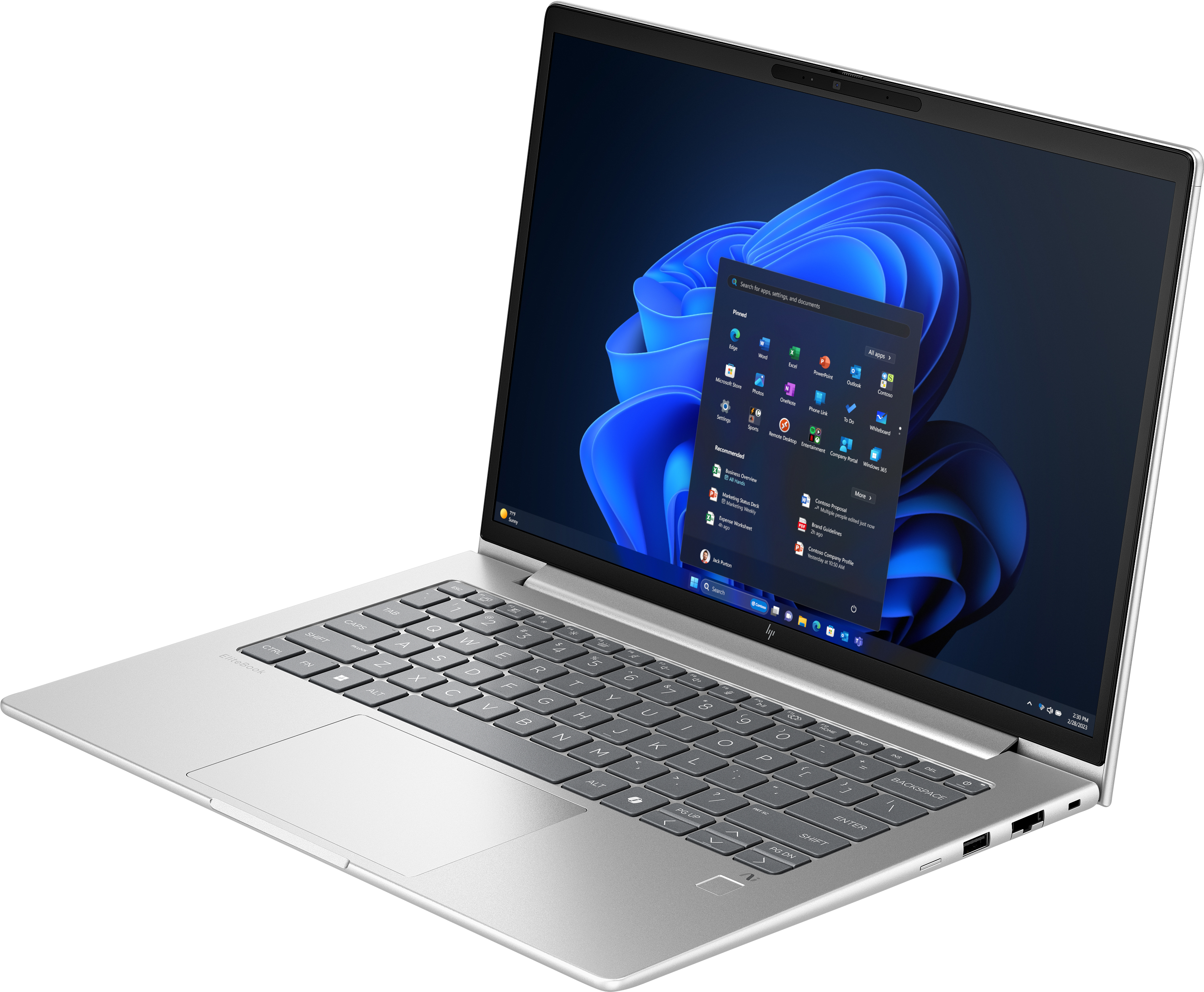 Silberner Laptop auf schwarzem Hintergrund. Der Bildschirm zeigt das Windows 11 Startmenü.