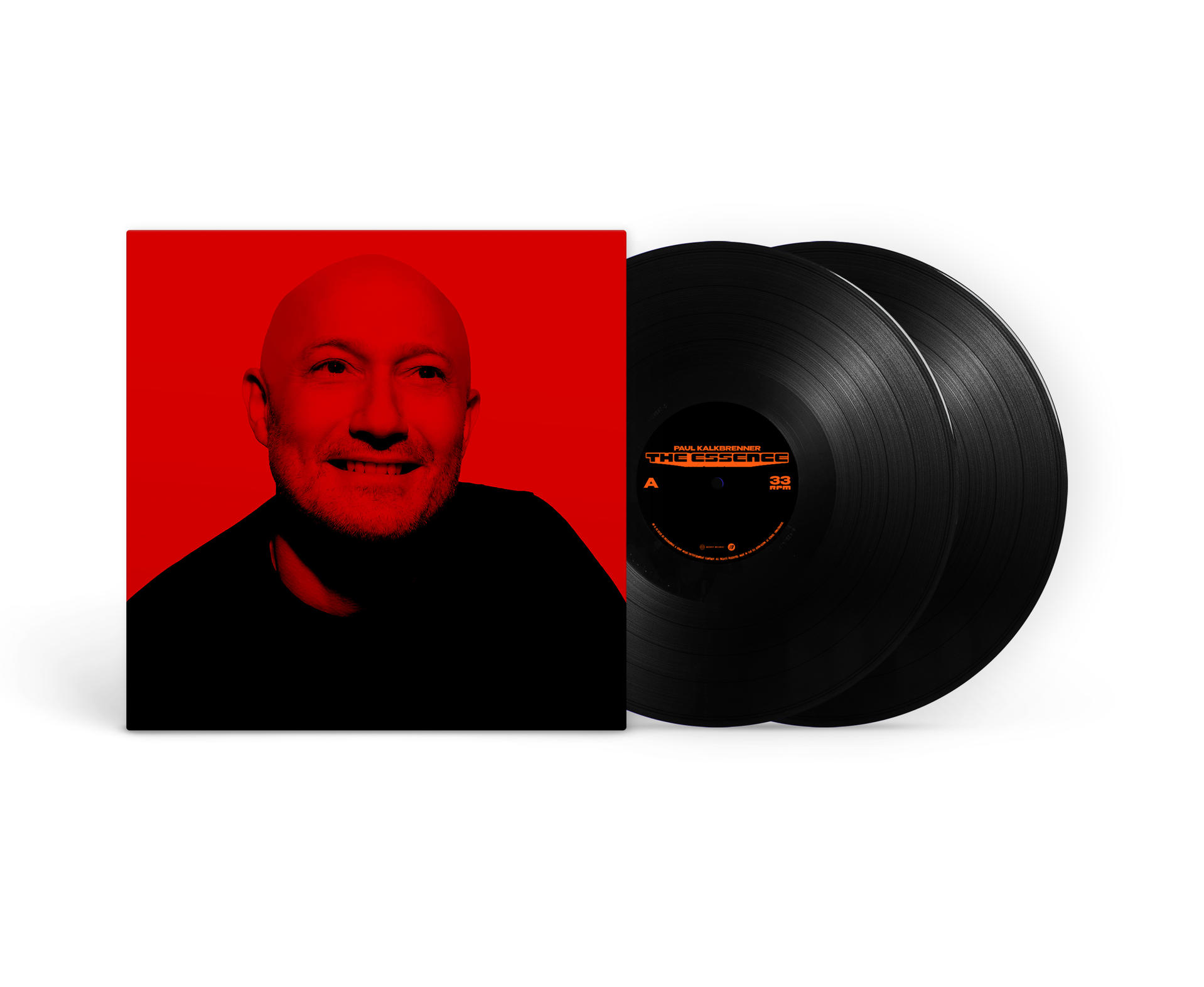 Pochette d'album avec le visage d'un homme chauve sur fond rouge, deux vinyles noirs. Texte : 'PAUL KALKBRENNER THE ESSENCE'.