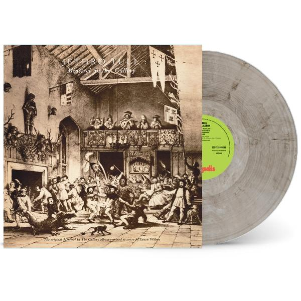 Pochette de l'album 'Minstrel in the Gallery' de Jethro Tull. L'illustration montre une scène médiévale avec des gens, un balcon et un disque vinyle.