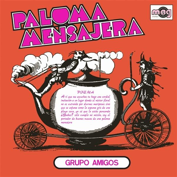 Albumcover mit rosa Text 'Paloma Mensajera'. Ein teekannenartiger Wagen mit einer Figur und einem rauchenden Ausguss rollt auf rotem Hintergrund.