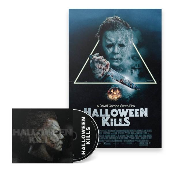 Filmplakat und CD für "Halloween Kills". Auf dem Plakat ist eine maskierte Figur mit blutigem Messer zu sehen. CD hat den Filmtitel.