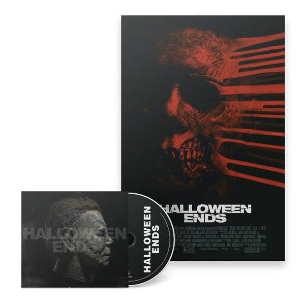 Poster und DVD von "Halloween Ends". Das Poster zeigt ein rot getöntes Gesicht. Die DVD-Hülle zeigt ein Profil der Figur.