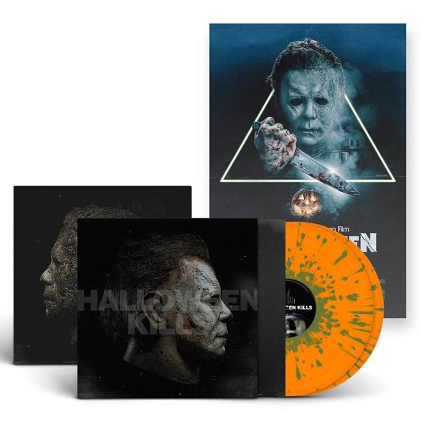 Halloween Kills Vinyl Schallplatte. Das Cover zeigt Michael Myers' Gesicht. Die Platte ist orange mit grünem Spritzer. Das Poster zeigt Myers mit einem Messer.