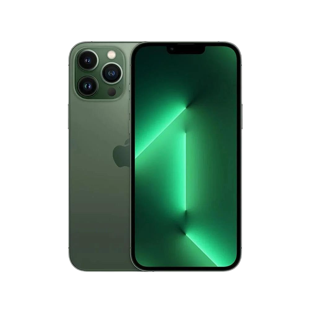 Siyah arka plan üzerinde yeşil iPhone 13 Pro. Kameralar ve yeşil ışık gösteren ekran ile arka tarafı gösterir.