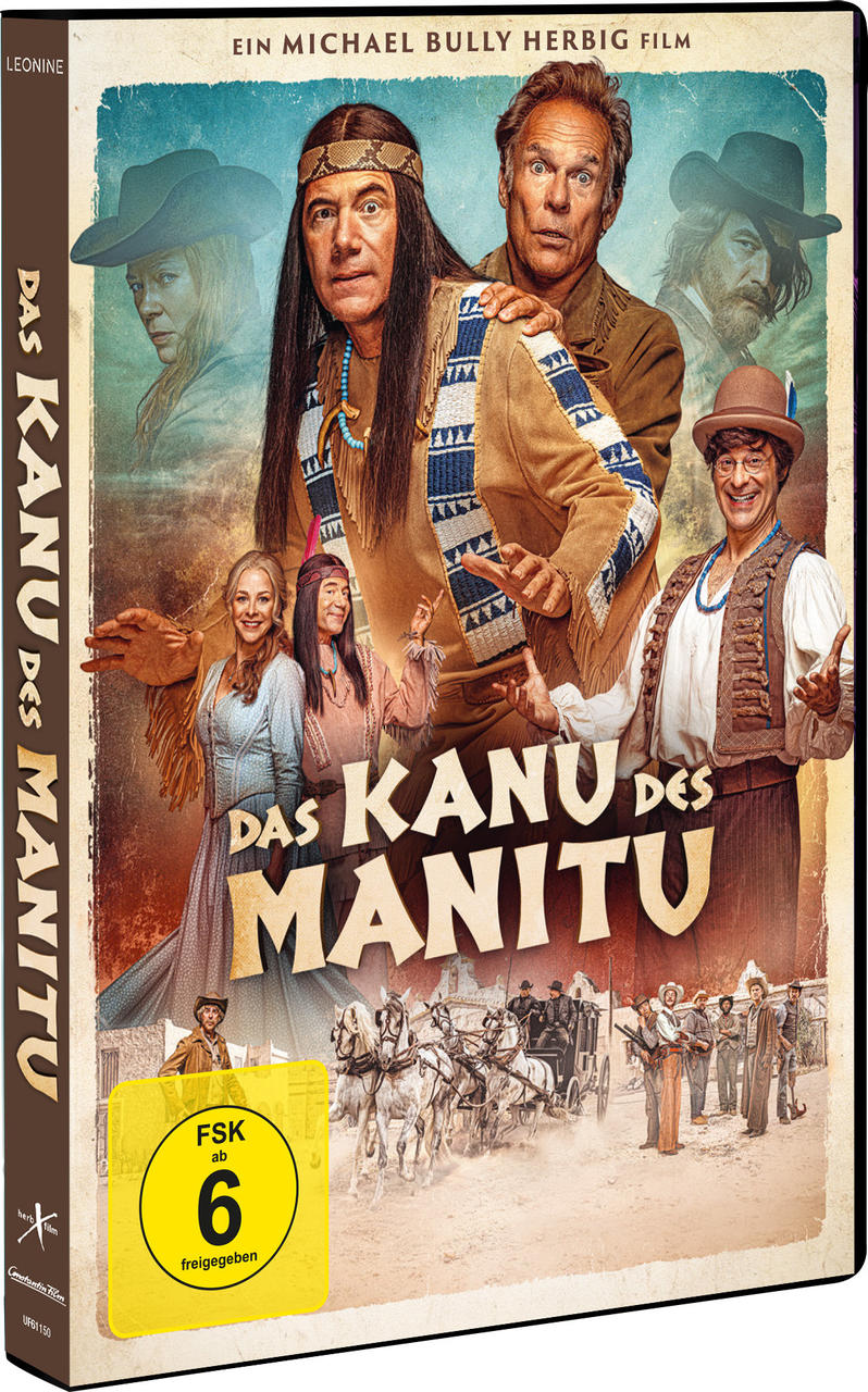 Filmplakat mit Schauspielern in Indianer- und Cowboy-Kostümen, Titel 'Das Kanu des Manitu'. Hintergrund zeigt Pferde und Kutschen.