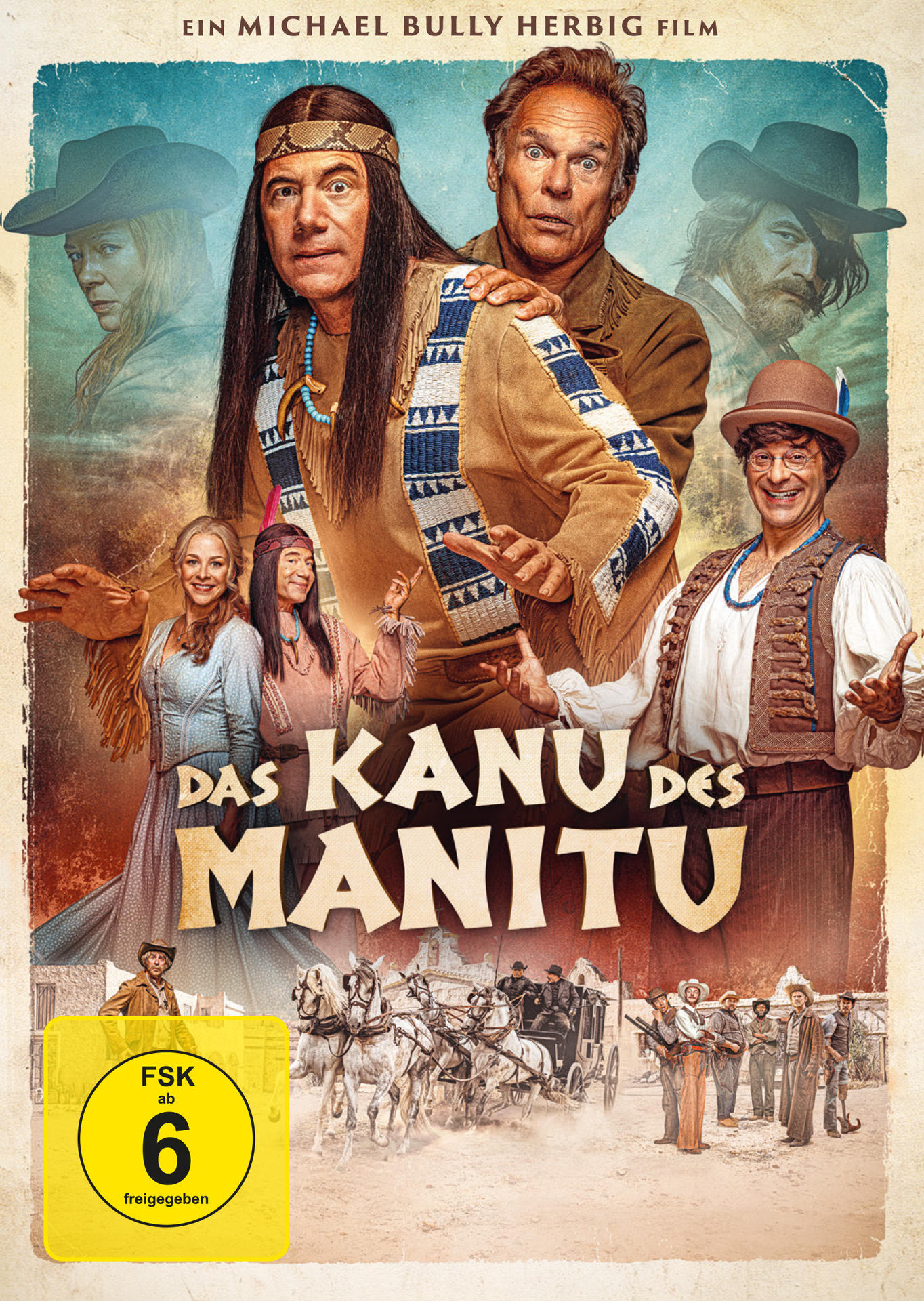 Filmposter mit Schauspielern in Indianer- und Cowboy-Kleidung. Titel 'Das Kanu des Manitou'. Ein gelber Kreis mit 'FSK ab 6' befindet sich in der Ecke.