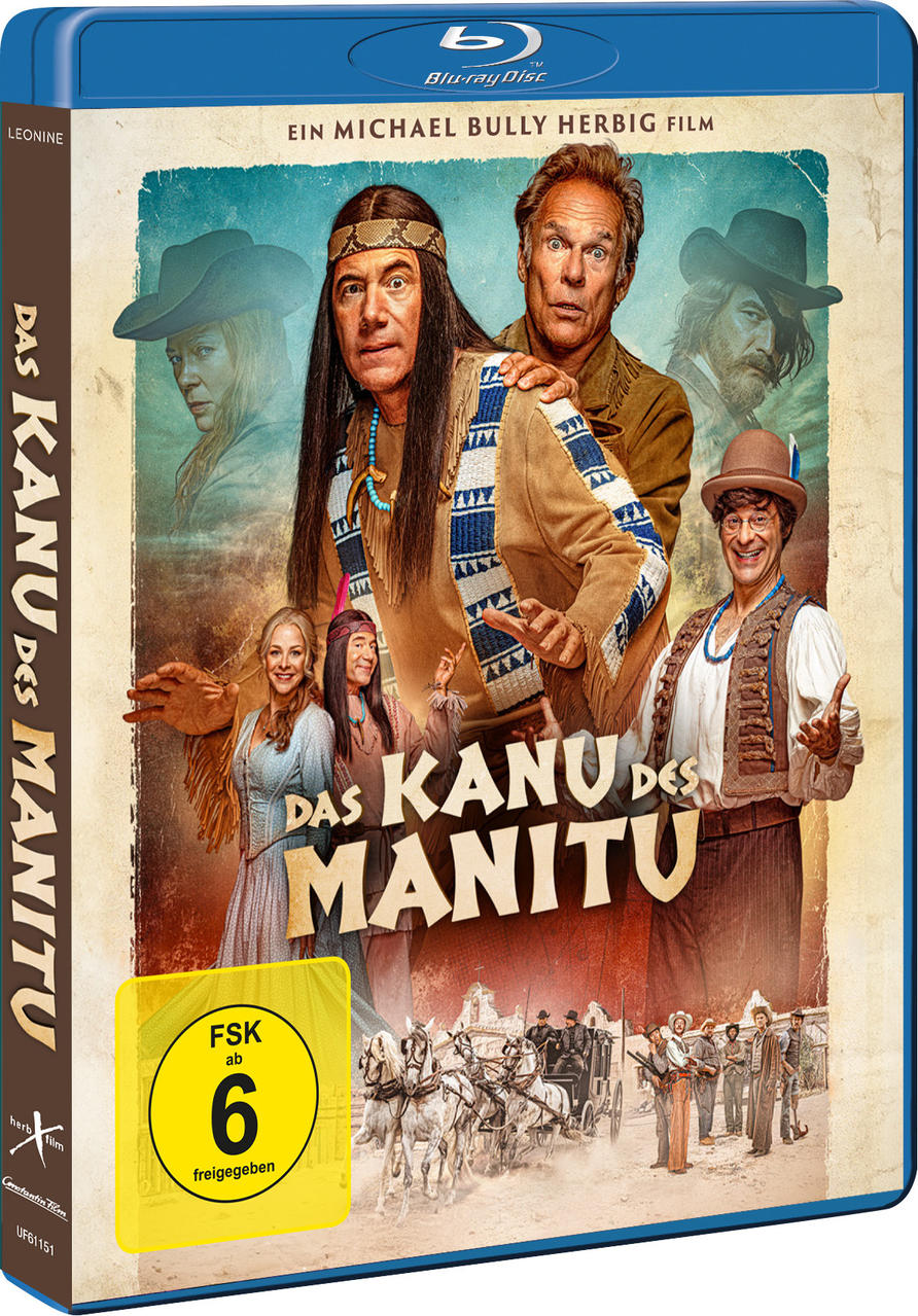 Blu-ray-Disc-Cover mit Schauspielern in Kostümen. Titel "Das Kano des Manitu". Gelber FSK-6-Aufkleber. Hintergrund mit Pferden und einer Kutsche.