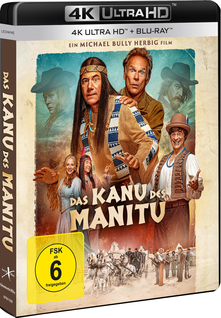 Filmcover: 'Das Kanu des Manitu'. Schauspieler in indianischer und Westernkleidung, Pferde und Kutsche im Hintergrund.