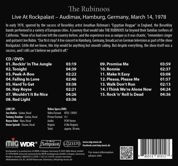 Ein CD-Cover mit Bandinformationen. Der Titel lautet "The Rubinoos". Es listet Songs und Bandmitglieder auf.