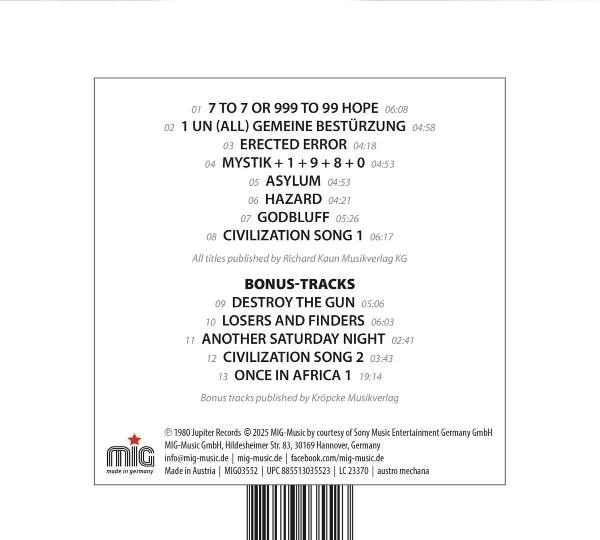Weißer Text auf schwarzem Hintergrund. Listet Songtitel und -dauern, Copyright-Informationen und Kontaktdaten von MIG-Music auf.