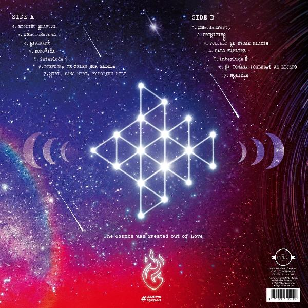 Albumcover mit Sternenhimmel, geometrischen Formen und Text. The cosmos was created out of Love. Seite A und B Tracklisten.