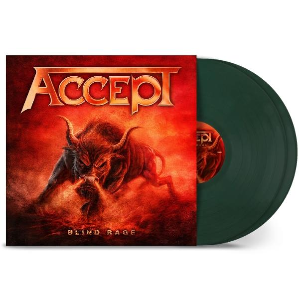 Az Accept 'Blind Rage' albumának borítója egy bikát ábrázol vörös lángokban. Egy zöld vinyl lemez részben látható jobbra.