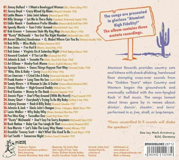 Albumcover mit einer Titelliste. Ein Schild zeigt "Atomicat High Fidelity" und enthält drei Acetat-Aufnahmen.