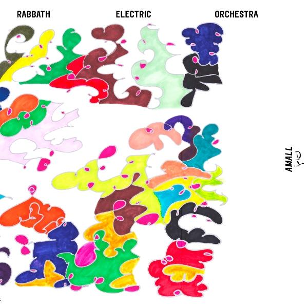Abstrakte, farbenfrohe Kunst. Die Wörter 'Rabbath', 'Electric' und 'Orchestra' stehen oben. Verschiedene Formen in leuchtenden Farben auf weißem Hintergrund.