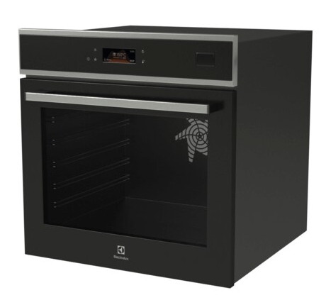 Czarny piekarnik do zabudowy ze szklanymi drzwiami. Posiada wyświetlacz cyfrowy i wentylator. Marka Electrolux.