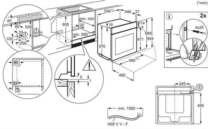Schemat pokazujący wymiary do instalacji piekarnika. Zawiera wymiary w milimetrach, szczegóły okablowania i instrukcje.