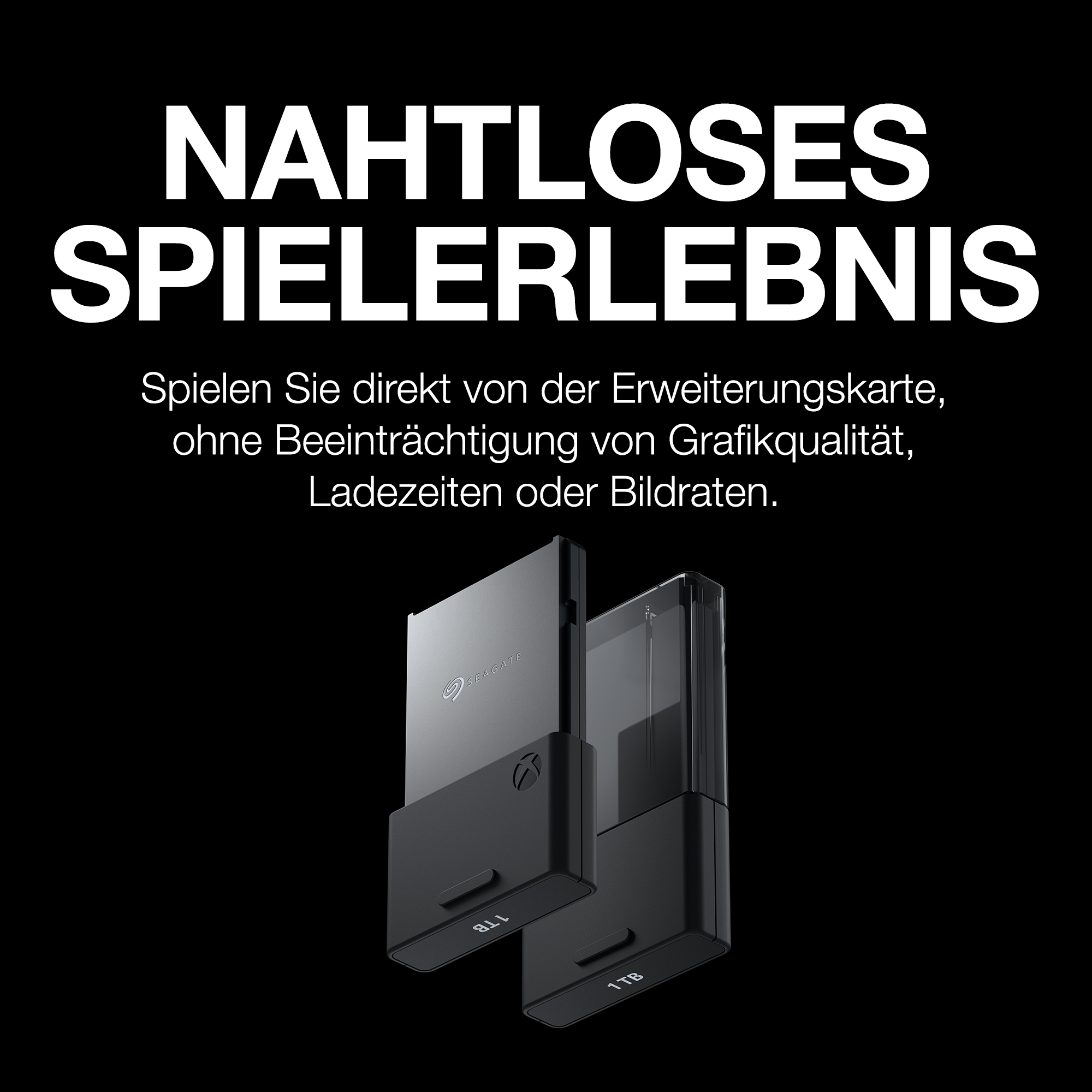 Zwei schwarze externe Festplatten mit 1 TB Kapazität werden vor schwarzem Hintergrund angezeigt. Text auf Deutsch steht oben.