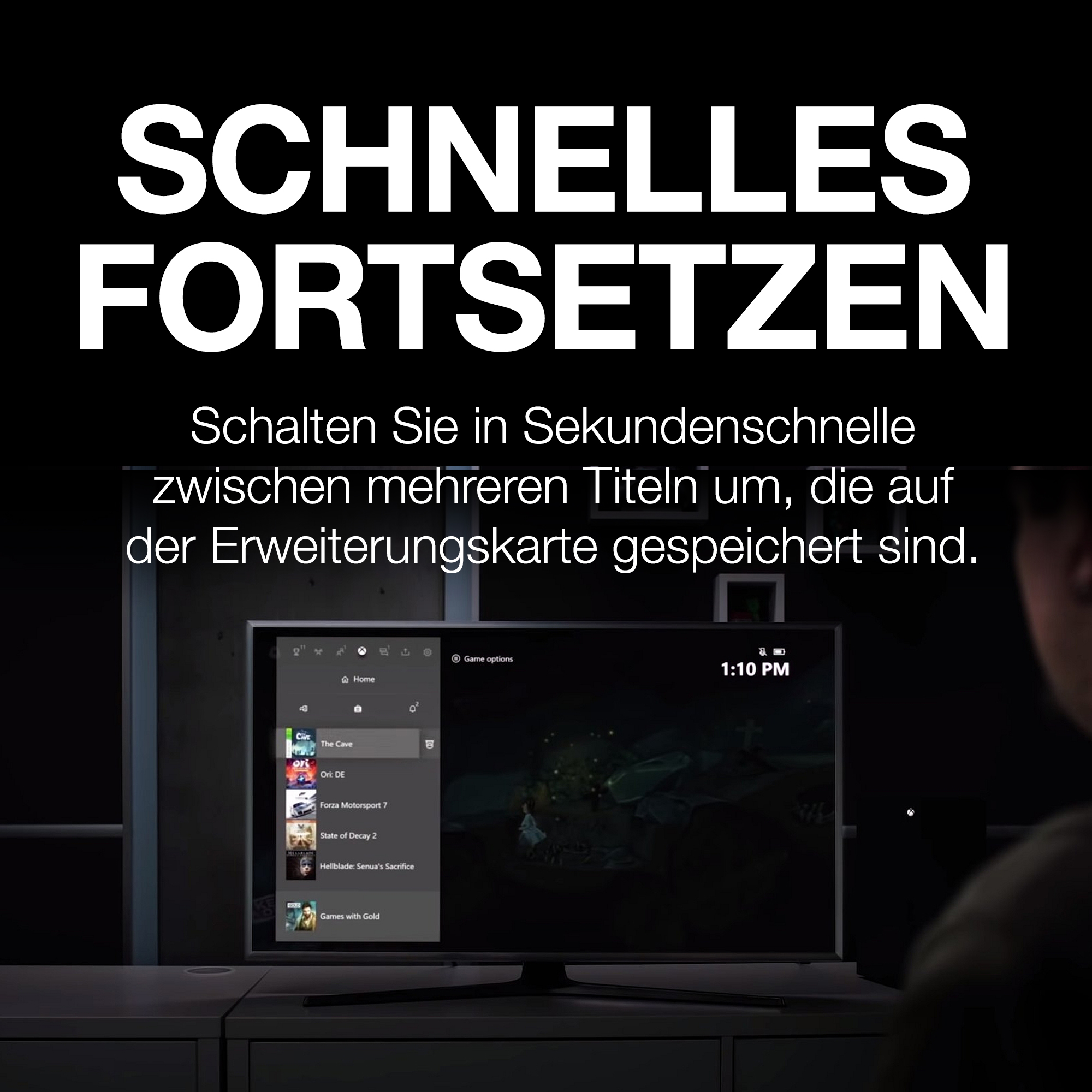 Das Bild zeigt einen Fernsehbildschirm mit Spieloptionen. Text-Overlay lautet 'SCHNELLES FORTSETZEN'. Spiele sind auf dem Bildschirm aufgelistet.