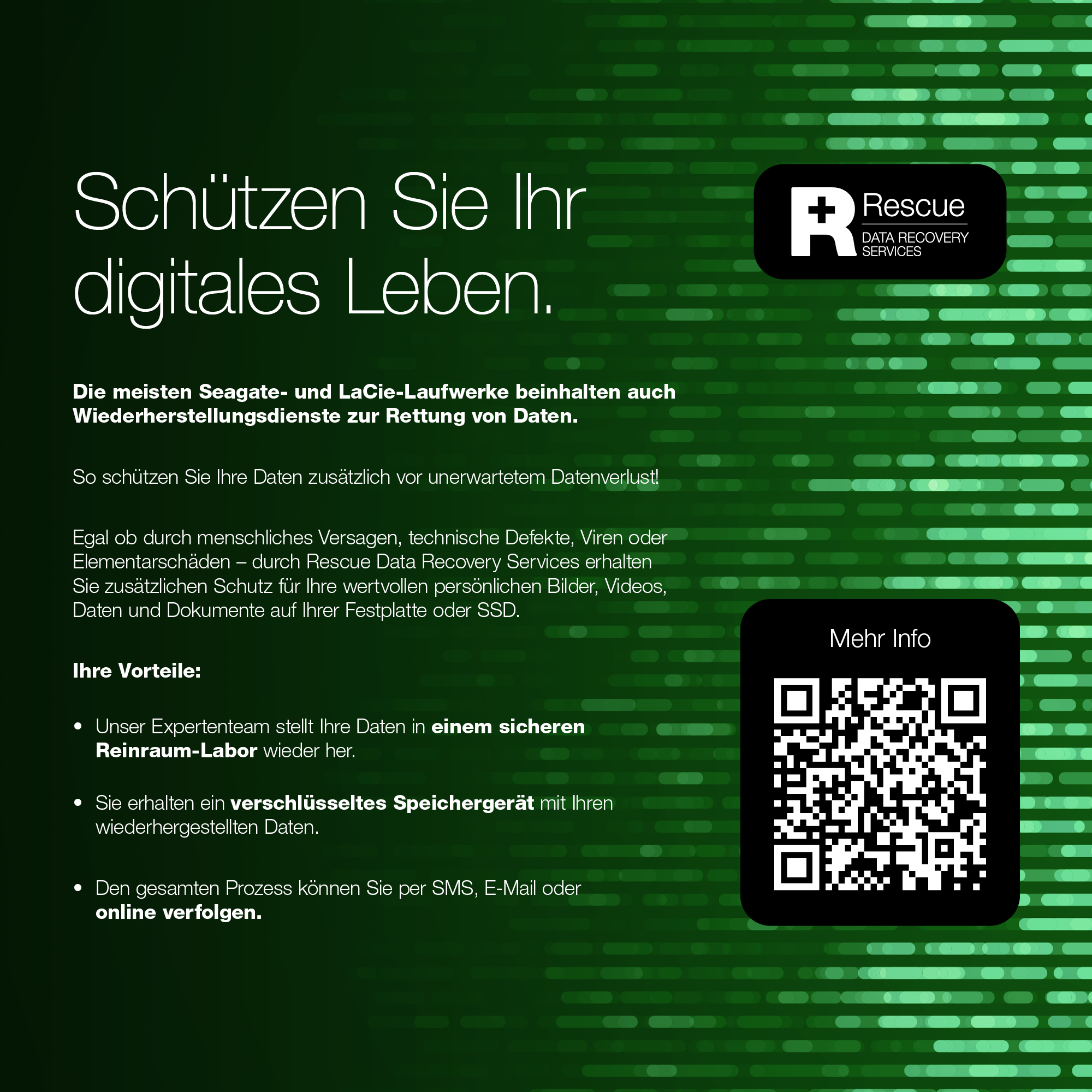 Grüner Hintergrund mit Text: Schützen Sie Ihr digitales Leben. Rescue Data Recovery Services Logo, QR-Code und Informationen.