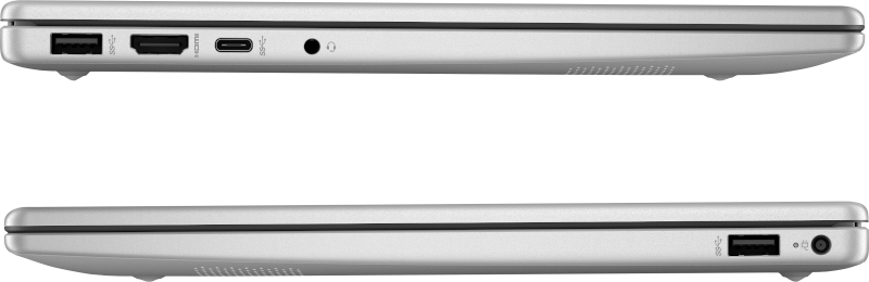Seitenansicht von zwei silbernen Laptops. Der obere Laptop zeigt Anschlüsse: USB, USB-C, HDMI, Audioanschluss. Unterer Laptop zeigt USB, Audioanschluss.