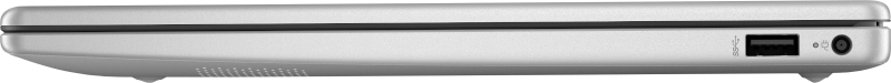Seitenansicht eines Laptops. Mit USB-Anschluss, Stromanschluss und Lüftung. Das Gehäuse ist silber mit einem schwarzen Streifen.