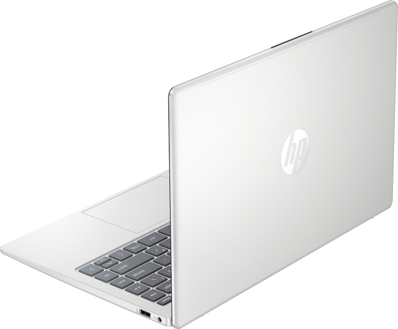 Ein weißer HP-Laptop ist leicht geöffnet und nach rechts abgewinkelt. Die Tastatur ist sichtbar, zusammen mit dem HP-Logo auf der Rückseite.