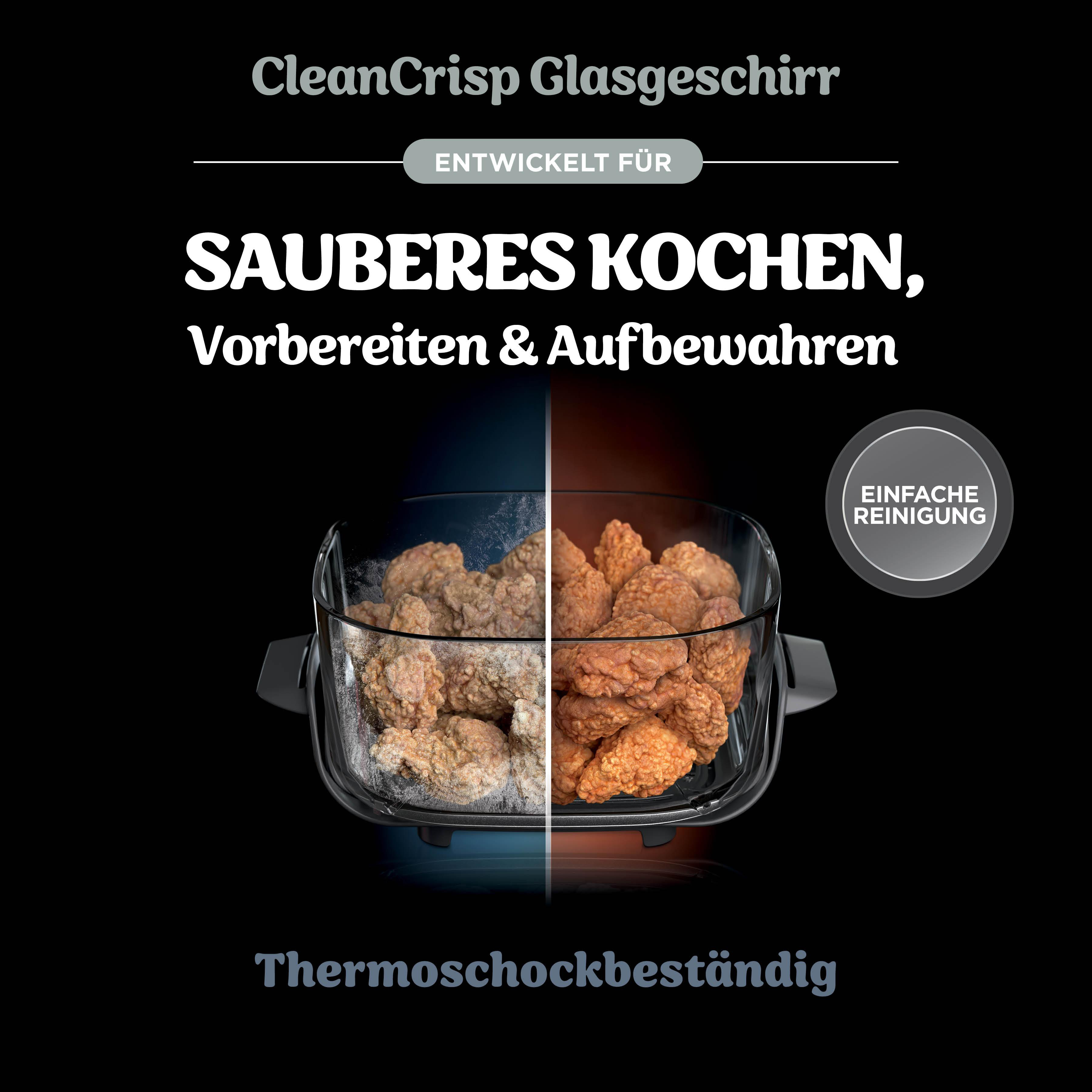 Das Bild zeigt ein Glasgeschirr mit frittierten Speisen darin. Text auf Deutsch bewirbt das Geschirr zum Kochen, Vorbereiten und Aufbewahren.