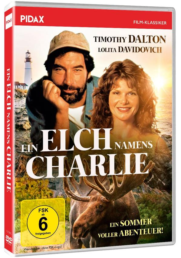 DVD-Cover für 'Ein Elch Namens Charlie'. Mit Timothy Dalton und Lolita Davidovich, einem Elch und einem Leuchtturm. Deutscher Titel.