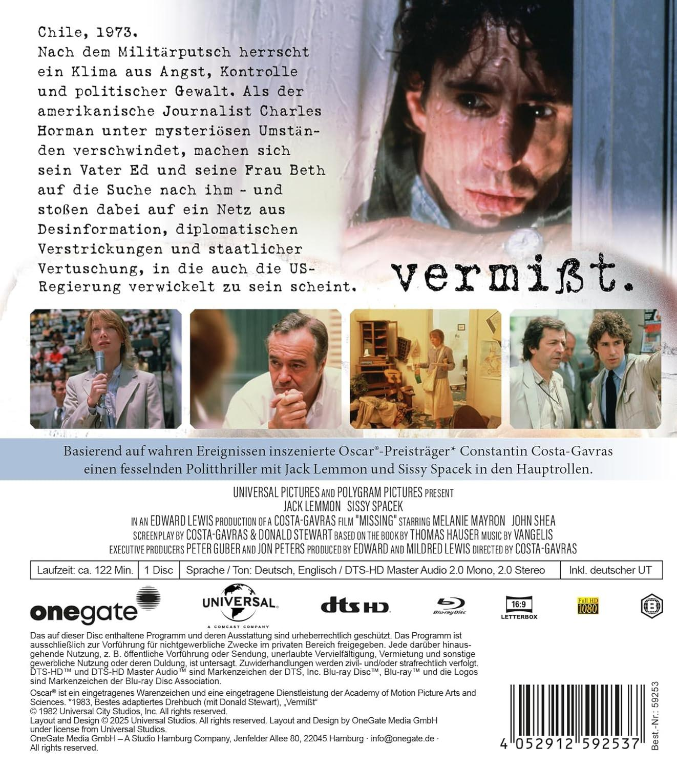 Filmcover mit einem Männergesicht, dem Titel 'Missing' und Text über einen Journalisten in Chile, 1973, der seinen Sohn sucht.