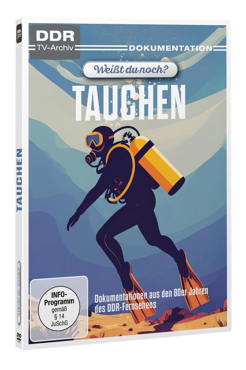 DVD-Cover mit Taucher. Das Wort 'TAUCHEN' ist prominent. Es ist ein TV-Archiv aus den 80er Jahren. Gelber Tank, Flossen und Tauchmaske.