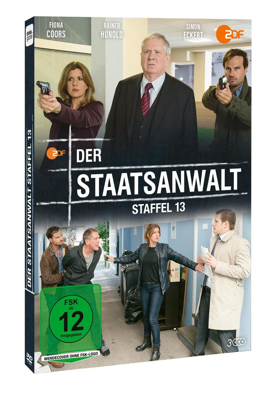 DVD-Cover mit Schauspielern, die Waffen halten, und dem Titel 'Der Staatsanwalt Staffel 13'. Grüner FSK 12-Aufkleber sichtbar.