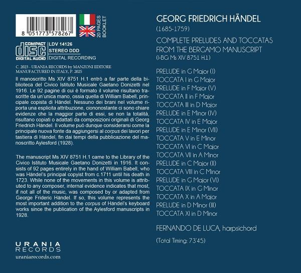 CD-Cover mit Händels Musiktitel. Details umfassen Titelliste, Name des Komponisten und Urania Records Logo.