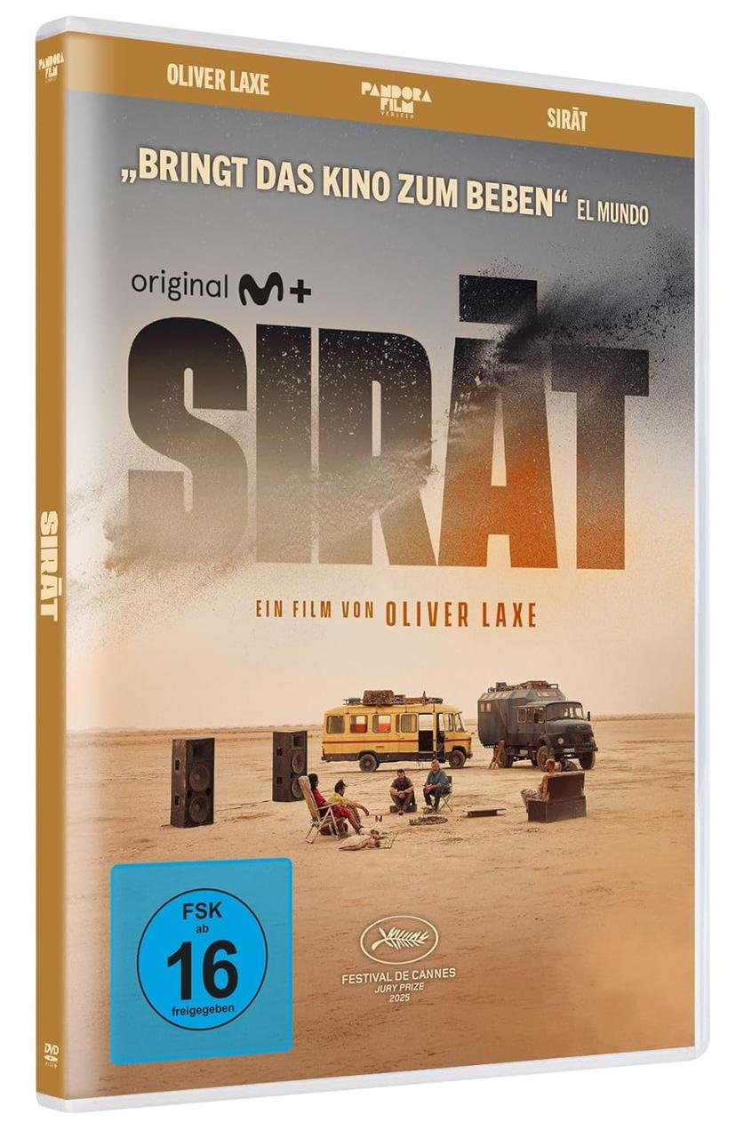 DVD-Hülle für den Film Sirat. Sie zeigt eine Wüstenszene mit Fahrzeugen, Personen sowie den Titel und Details des Films.