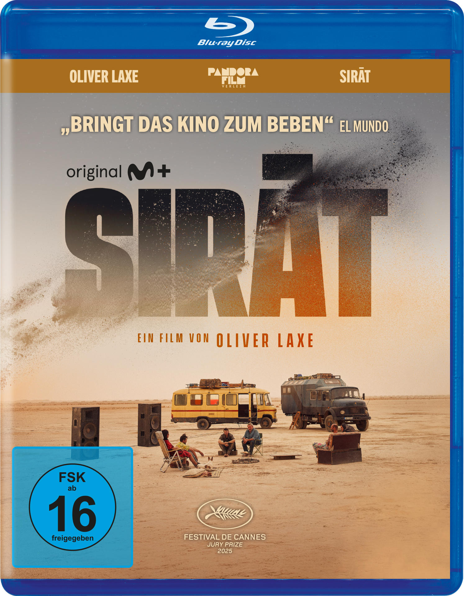 Blu-ray-Cover für den Film 'Sirat'. Wüstenlandschaft mit Fahrzeugen, Personen und großem Titel. Enthält Altersfreigabe und Filmfestival-Logo.