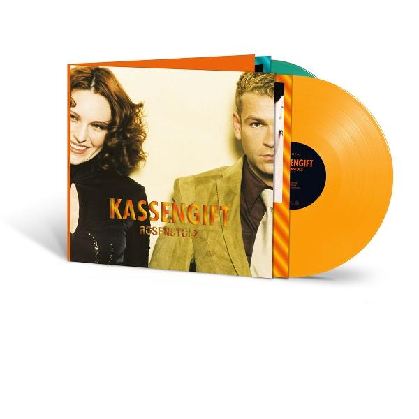 Albumcover mit zwei Personen und einer Schallplatte. Das Cover trägt die Aufschrift 'Kassengift' und 'Rosenstolz'. Die Platte ist orange.