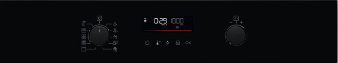 Czarny panel sterowania piekarnika z pokrętłami, wyświetlaczem cyfrowym z czasem i temperaturą oraz symbolami funkcji.