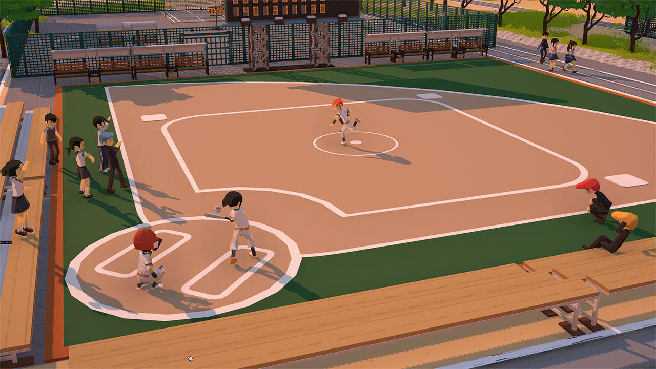 Eine Baseball-Spielszene. Spieler sind auf dem Feld, andere sitzen auf Bänken. Eine Anzeigetafel ist im Hintergrund.