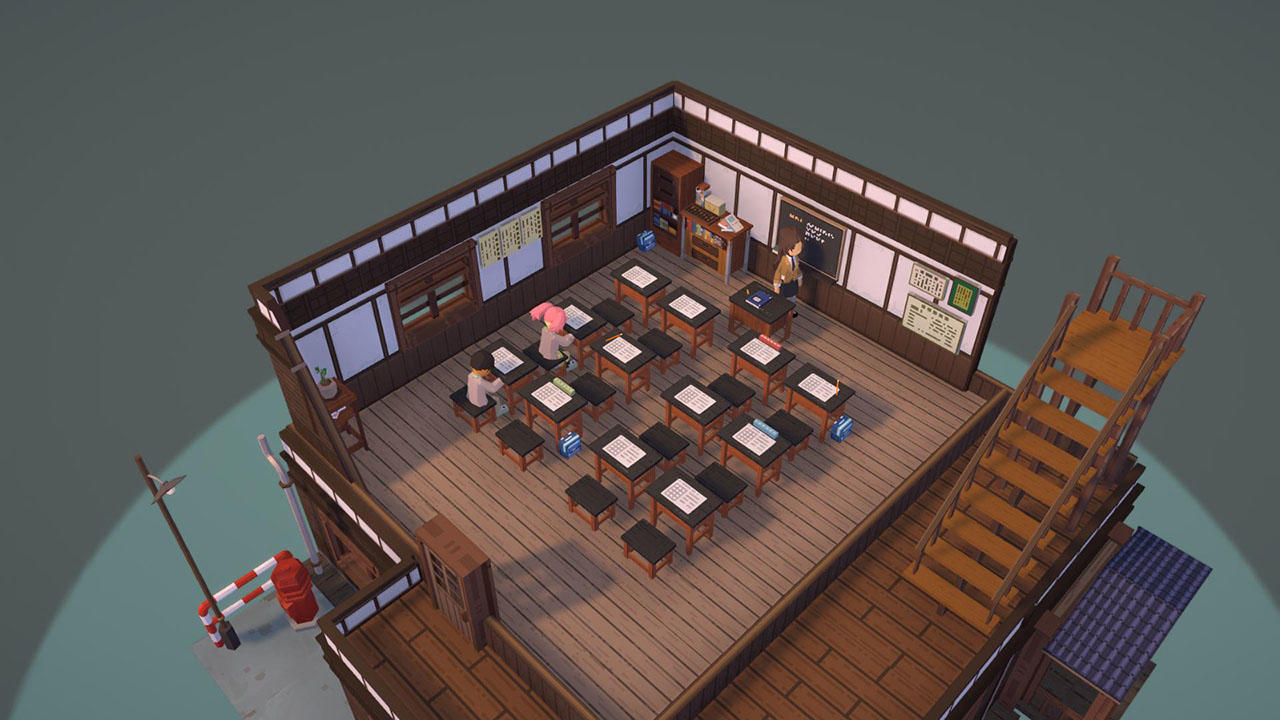 Eine Klassenzene mit Schülern an Schreibtischen, einem Lehrer an einer Tafel und einer Holztreppe draußen. Der Raum ist japanisch.