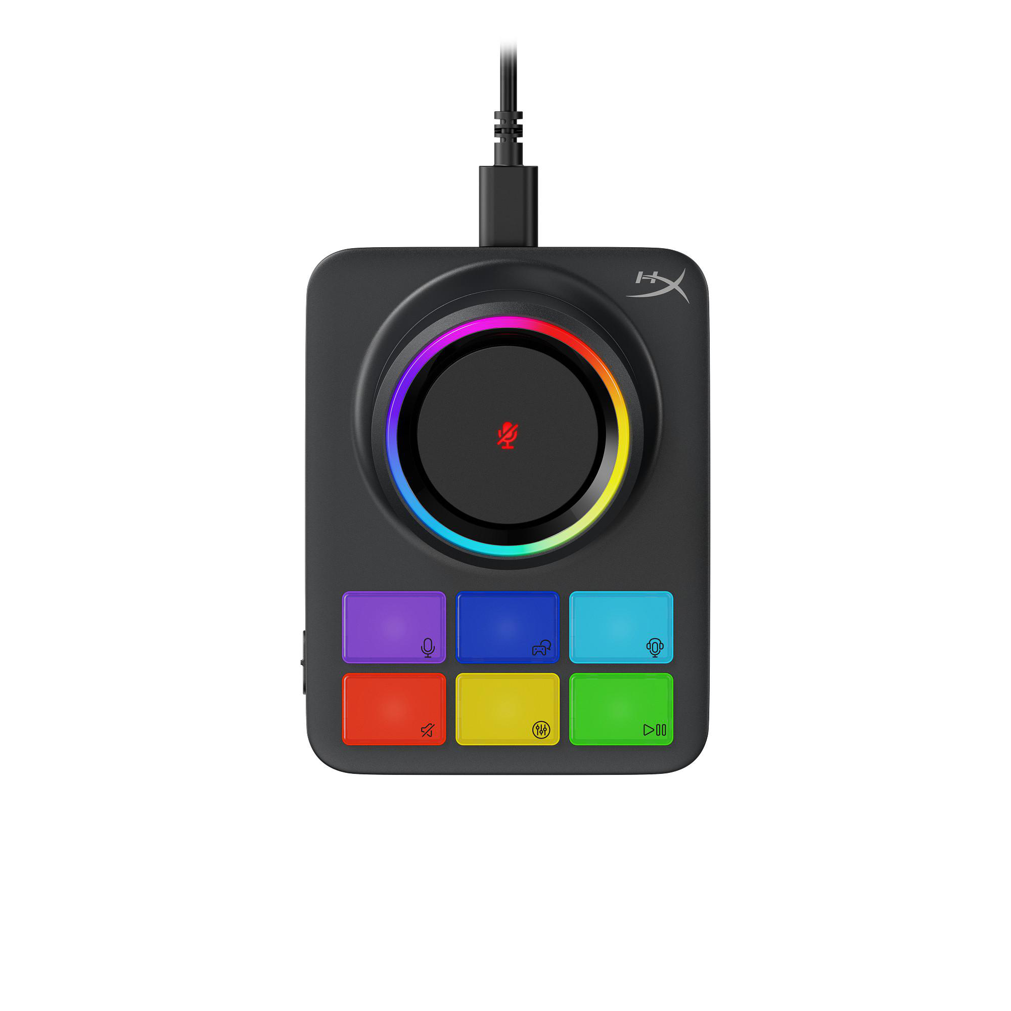 Schwarzer Audiomixer mit großem zentralen Drehregler mit Regenbogenlicht und Tasten. Enthält ein Kabel und ein Mikrofonsymbol.