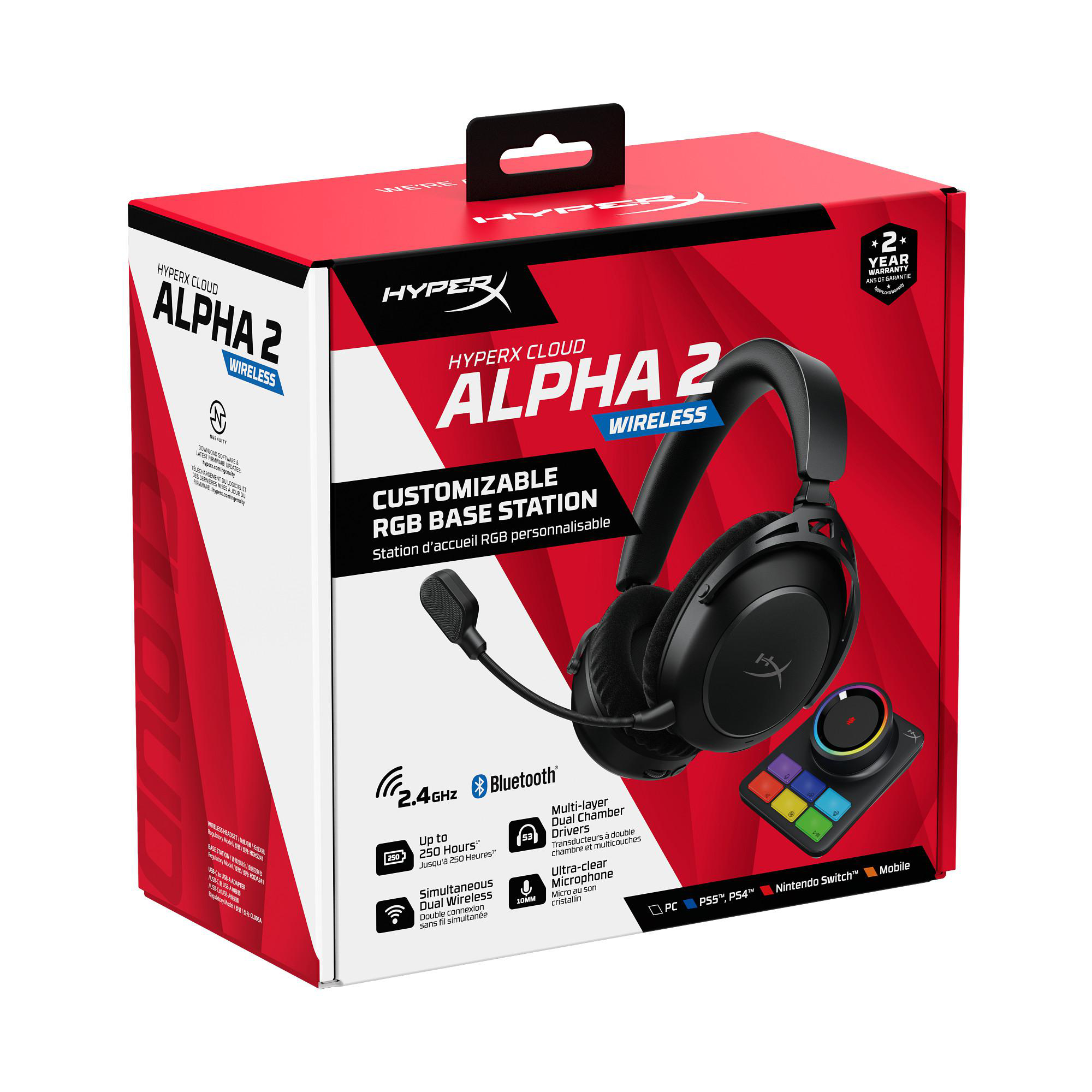 Box zeigt HyperX Cloud Alpha 2 Wireless-Headset. Merkmale sind 2,4 GHz, Bluetooth, mehrschichtige Treiber und eine Basisstation.