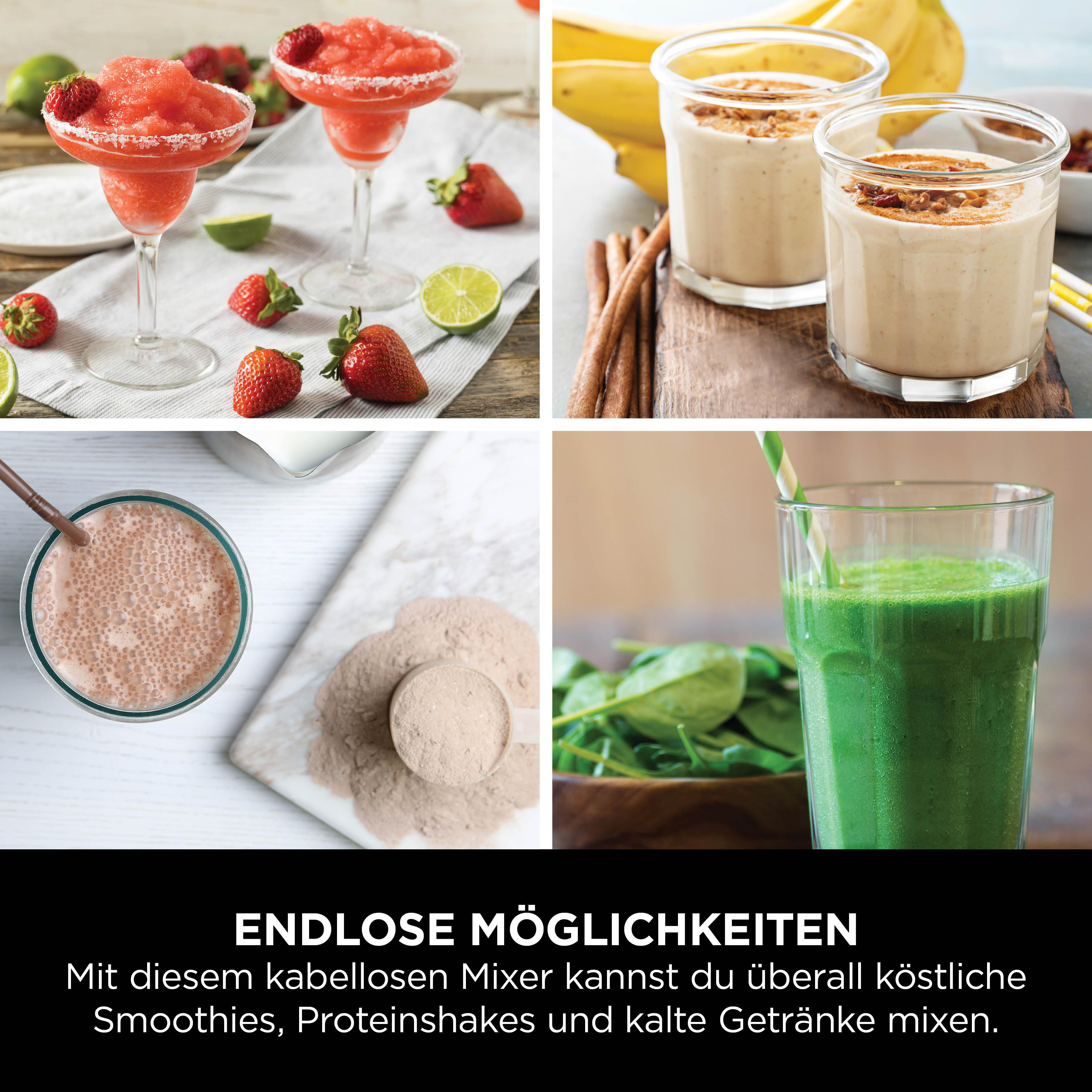 Das Bild zeigt vier Abschnitte: Erdbeer-Margaritas, Bananen-Smoothies, einen Schokoladen-Shake und einen grünen Smoothie.