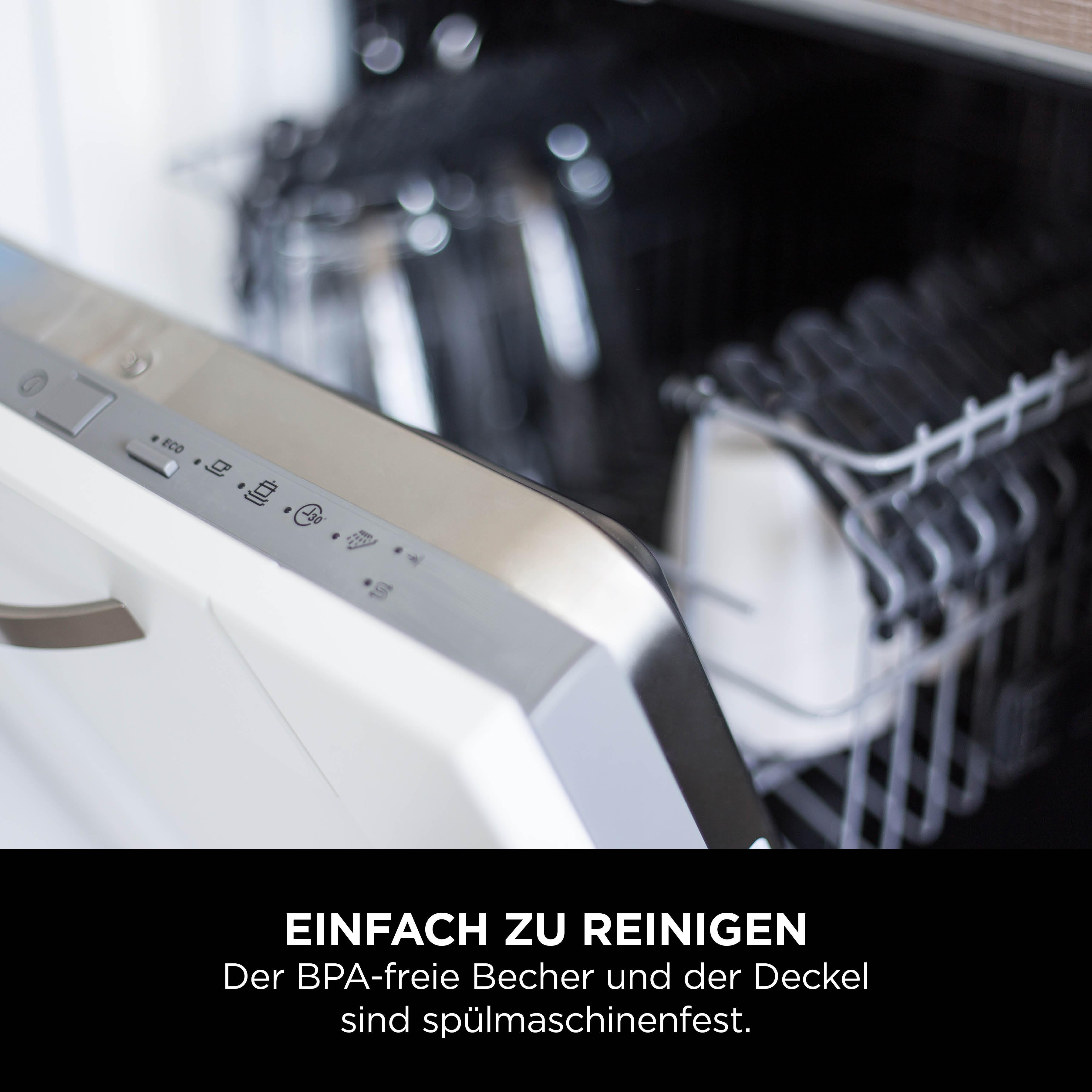 Nahaufnahme des Geschirrspülers. Bedienfeld mit ECO-Taste und Symbolen. Text: leicht zu reinigen, BPA-freie Tasse und Deckel sind spülmaschinenfest.